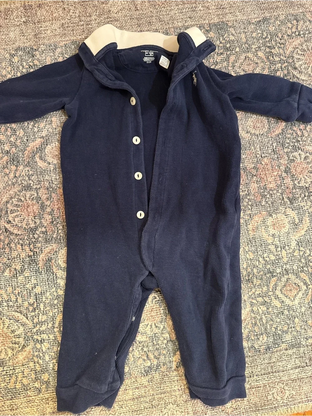 Ralph Lauren Baby Boys Navy Blue Polo Romper Coverall 9 Month Cream Collar
